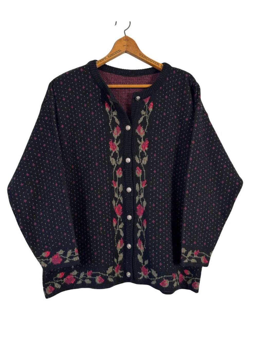 Vintage Black Floral Cardigan Sweater, 90s Rose Knit Button Up, Cottagecore